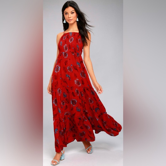 Free People Dresses & Skirts - Free People Intimately red maxi floral dress “Garden Party” tiered tie-shoulders